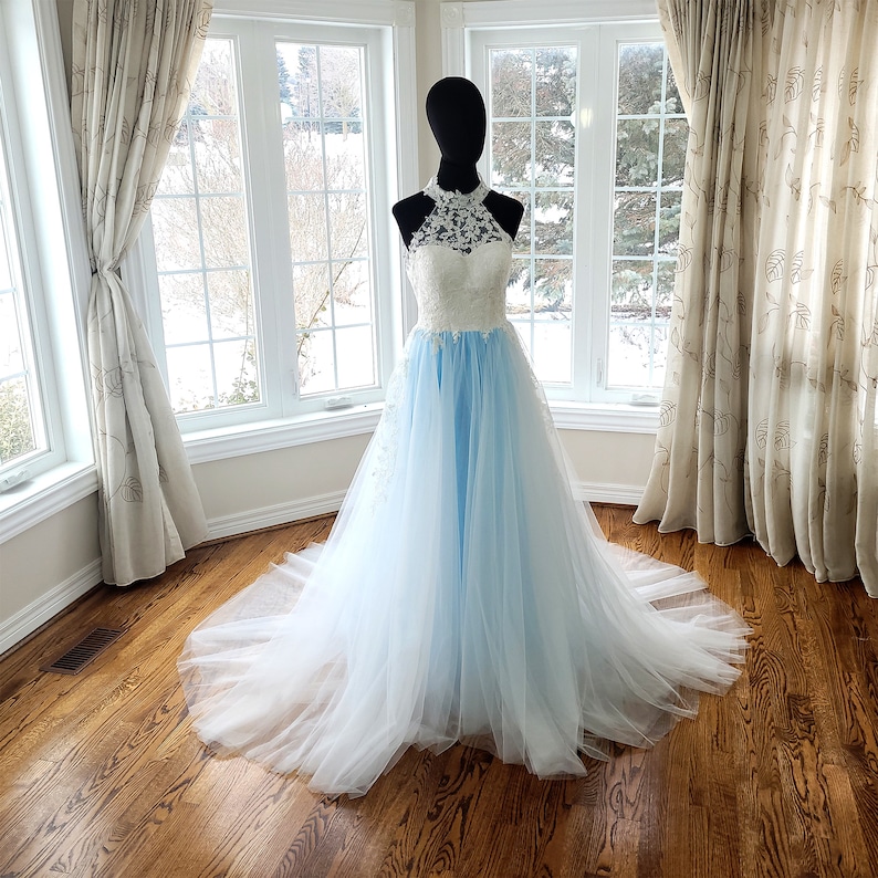 Blue Wedding Dress, a Line Wedding Gown, Lace Bridal Dress, Lace Floral ...
