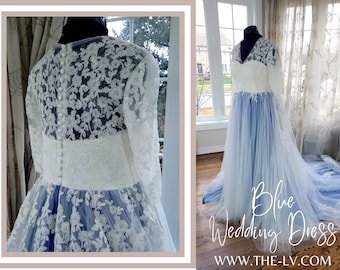 Ethereal Blue Lace Wedding Dress, Handmade Ball Gown
