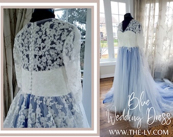 Ethereal Blue Lace Neckline Wedding Dress, decor buttons and can be worn as ball gown