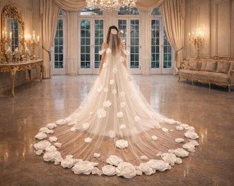 Custom Cathedral Wedding Veil with 3D Floral Appliques Soft Tulle Bridal Veil