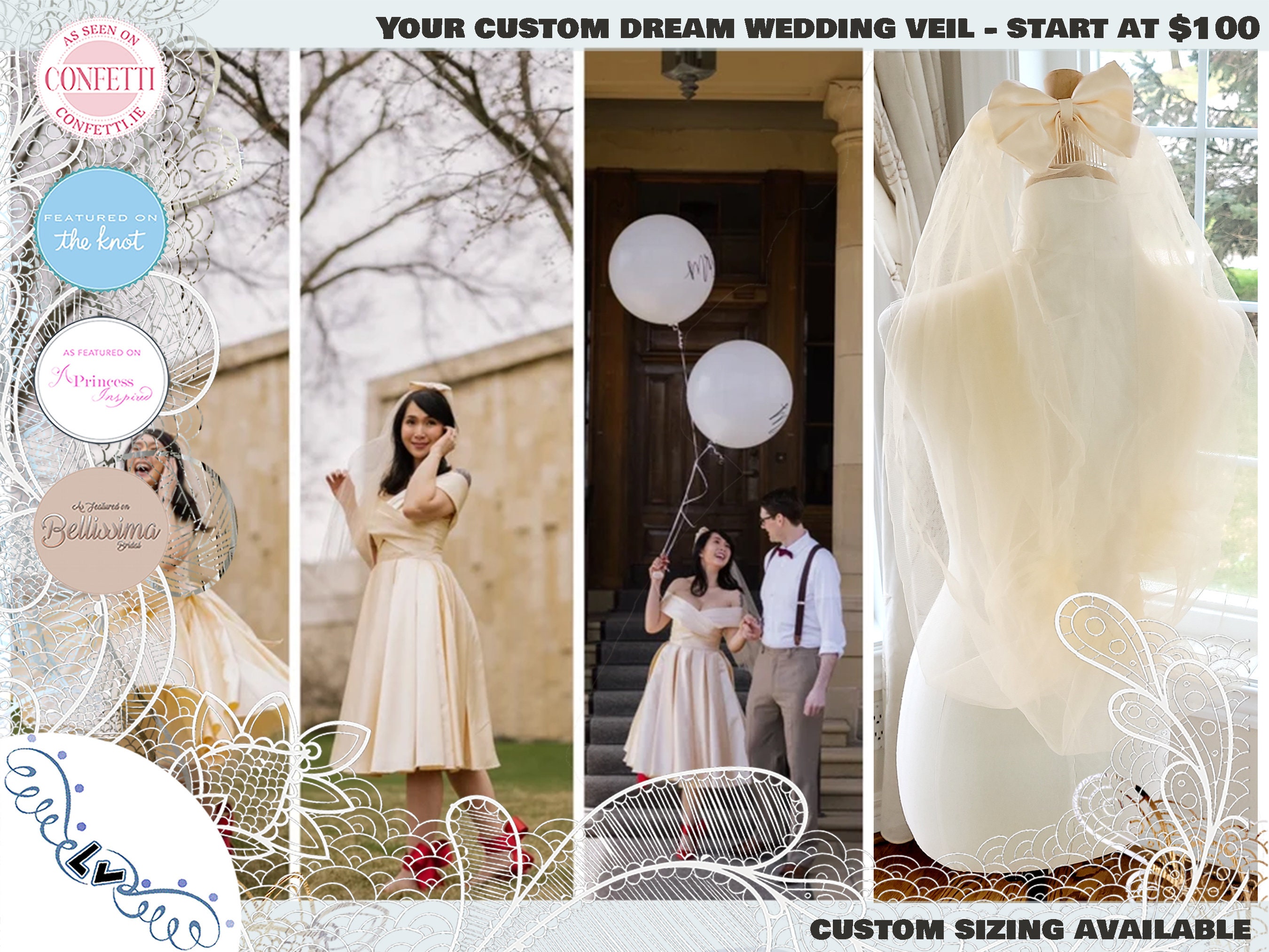 Handmade Champagne Bubble Veil, Bow Veil, Audrey Hepburn  display picture 1