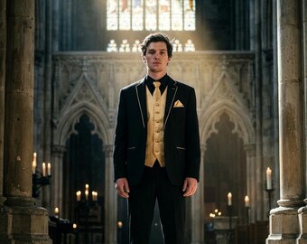 Men Custom Wedding Suit - Black and Gold Groomsmen Tuxedo - Tailored Gothic Wedding Suit - Luxury Formal Event Wear Three Piece Set