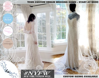 May include: A custom wedding gown with a long train and long sleeves is displayed on a mannequin and worn by a person. The gown is white with lace detailing. The image includes text that says "Your Custom Dream Wedding Gown - Start at $600" and "#NYFW New York Fashion Week."