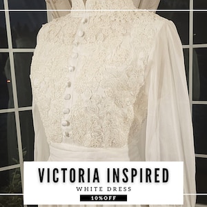 Victorian wedding dress, Victorian dress, Victorian gown, rehearsal dinner dress for bride, embroidered wedding dress, white midi dress