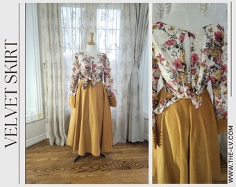 Yellow vintage velvet skirt, 1950s swing skirt, Midi Skirt with Pocket, Reversible top, multi wear top, floral blouse