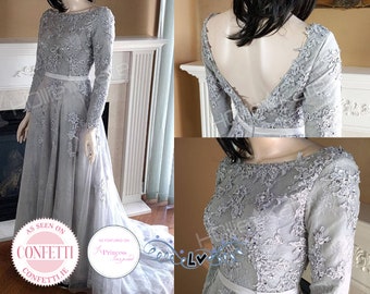 Grey Lace Embroidered Wedding Dress, Long Sleeves, Winter Bridal Gown