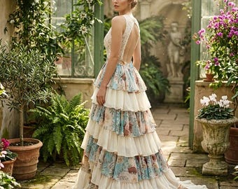 Vestido romántico estilo boho - Vestido de novia de gasa floral - Vestido de novia con espalda descubierta - Falda escalonada a medida