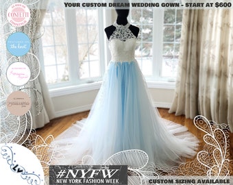Blue wedding dress, a line wedding gown, lace bridal dress,  Lace Floral Sleeve Less Wedding Dress, button back wedding dress, blue gown