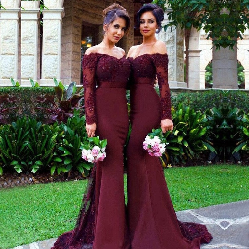 Burgundy Bridesmaid Dress Burgundy Lace Long Sleeves Etsy