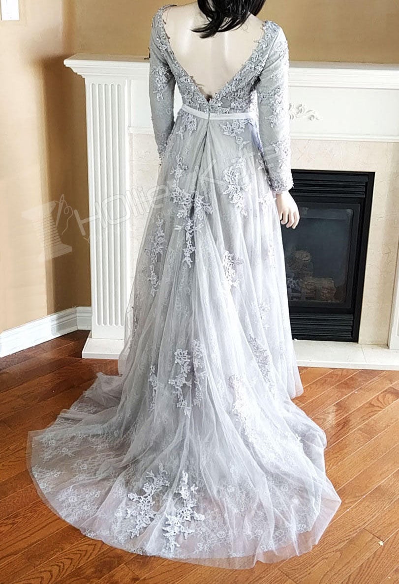 Grey Lace Embroidered Wedding Dress, Long Sleeves, Winter Bridal Gown