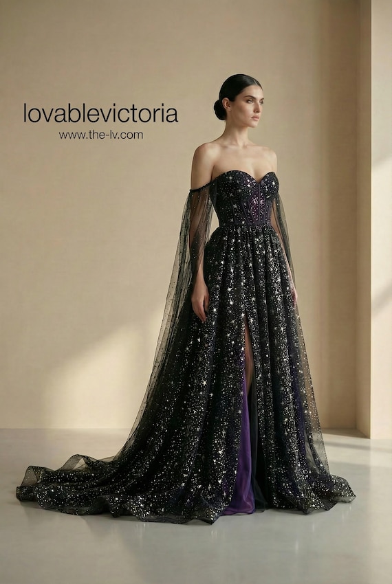sheer black dress with stars Black Celestial Wedding Dress Glow-in-the-Dark Star Gown for Alternative Brides 2025 2026 Boom Blush