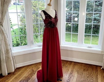 Sequin Burgundy Bridesmaid Dress, Long Red Prom Dress
