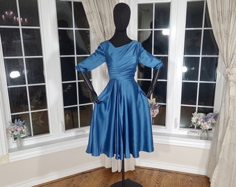 modest bridesmaid dress, blue Satin midi dress, Satin cocktail dress, Satin party dress, Sleeves bridesmaid dress, blue bridesmaid dress