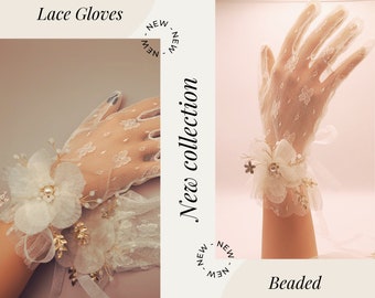 Lace Bridal Gloves, Beaded Floral Tulle Wedding Gloves