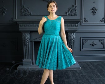 Mod cocktail dress, 1950s cocktail dress, teal bridesmaid dress, teal party dress, teal lace dress