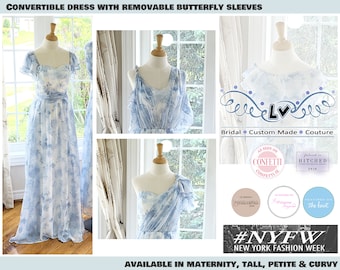 Chinoiserie Floral Bridesmaid Dress - Blue and White Toile Wedding Guest Maxi - Convertible Infinity Wrap Dress with Butterfly Sleeves