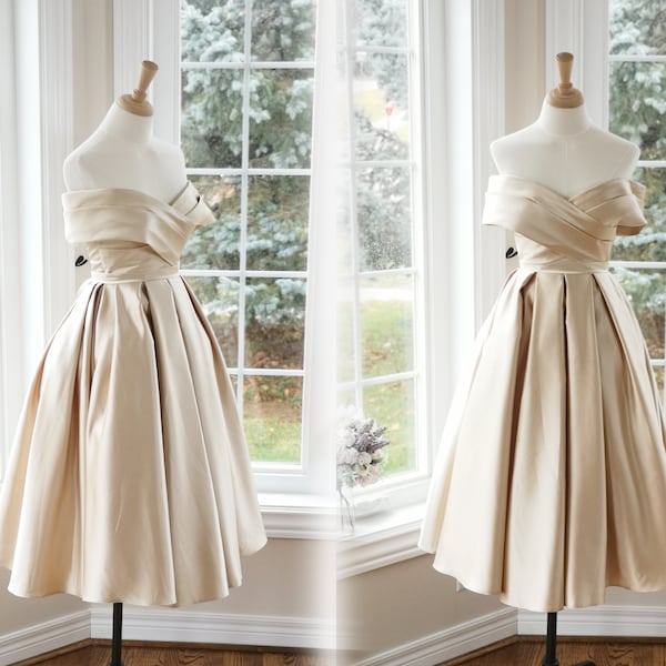 1950er Jahre Hochzeitskleid, Champagner Brautkleid, kurzes Brautkleid, Champagner Vintage Kleid, Satin Brautkleid, Vintage Brautkleid