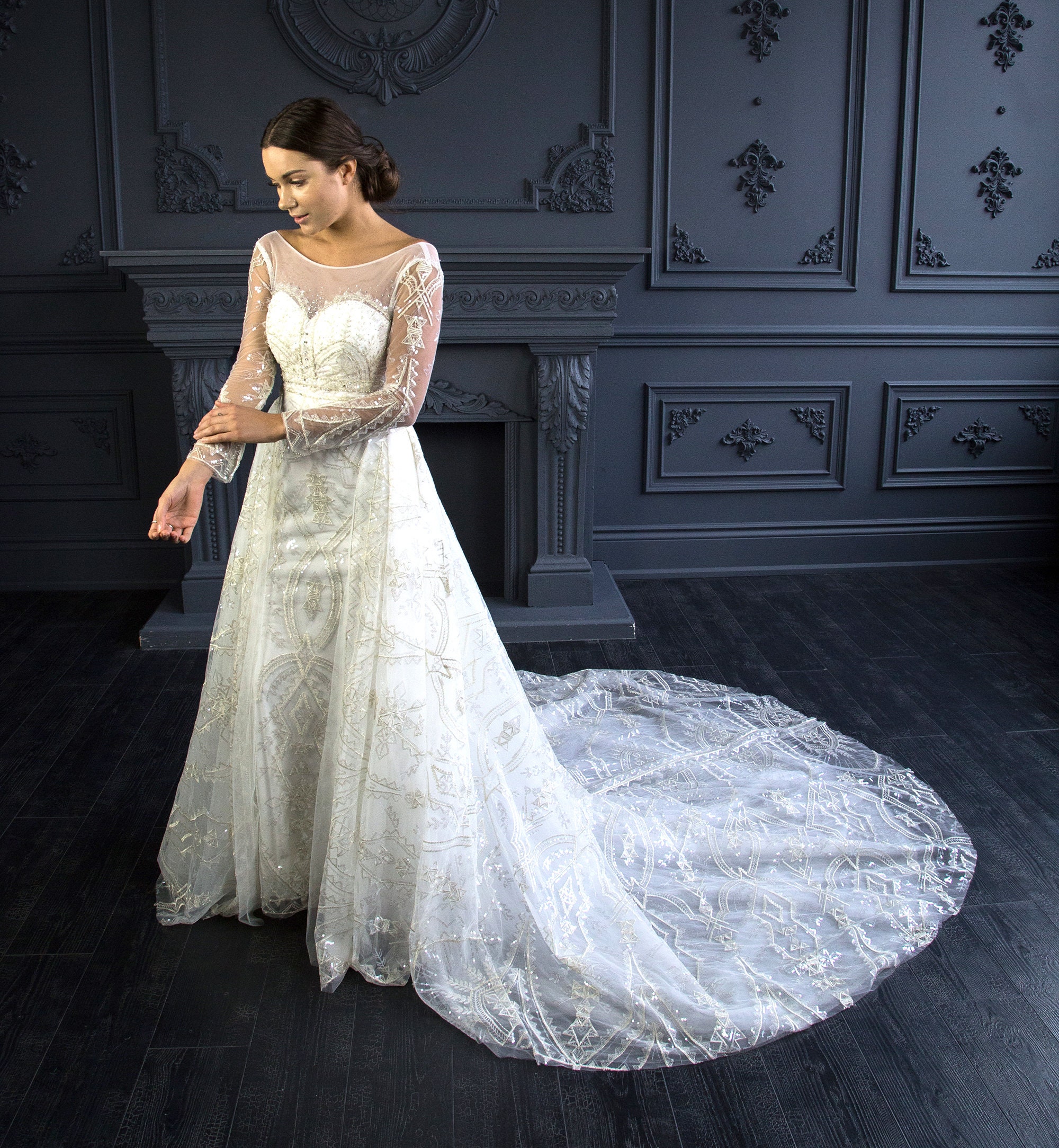 Long Sleeve Wedding Dress, Rose Gold Beaded Gown, Chapel Train