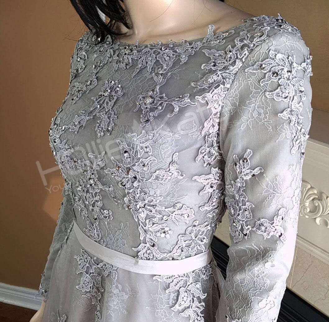 grey long sleeve wedding dress A-line Grey Tulle Lace Appliqued Long Sleeves Wedding Dresses Quinceanera Dresses,apd2518