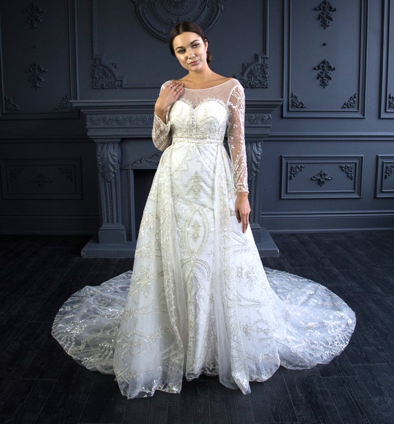 Long sleeve rose gold wedding cheap dress