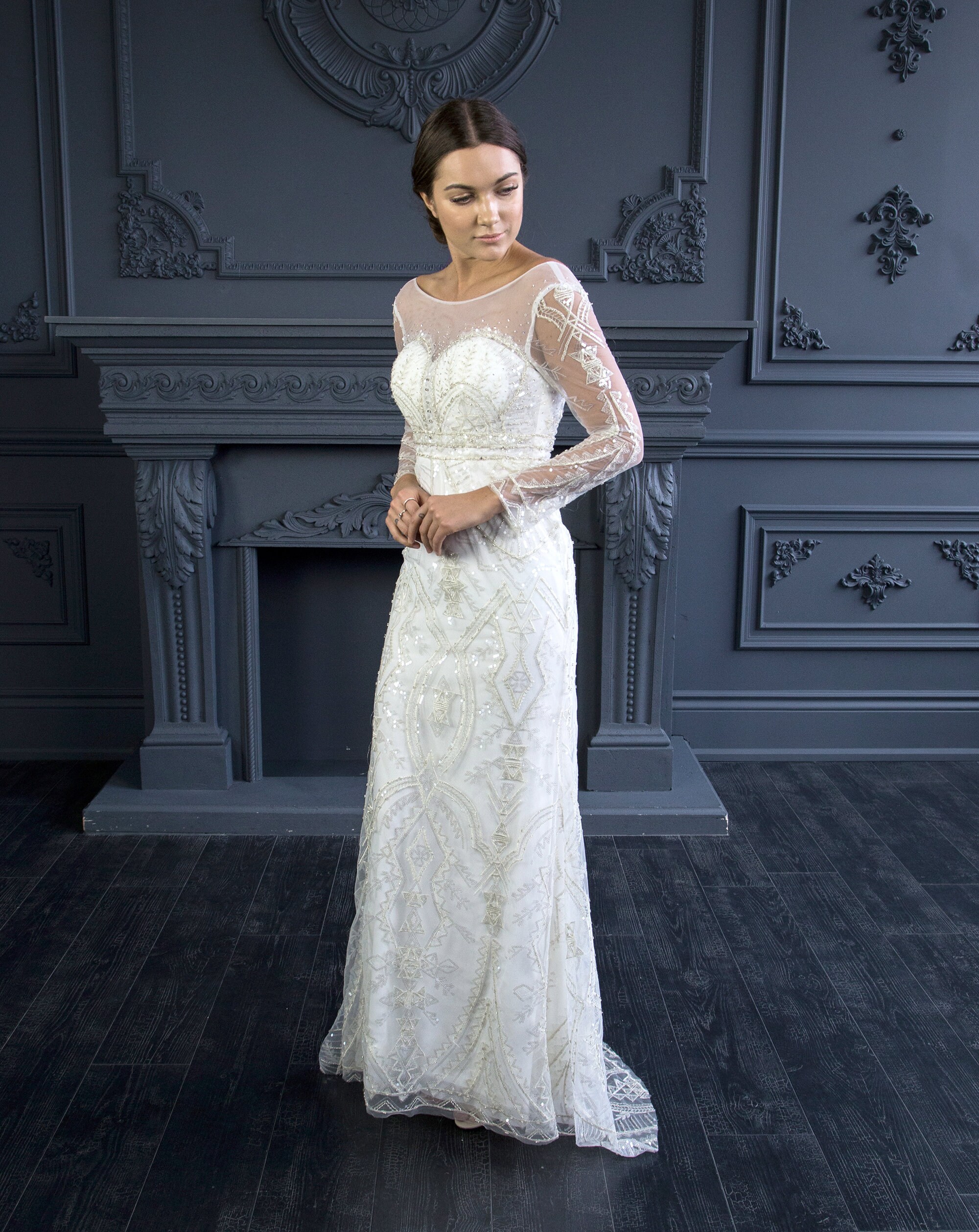 Long Sleeve Wedding Dress, Rose Gold Beaded Gown, Chapel Train Long Sleeve Wedding Dress, Rose Gold Beaded Gown, Chapel Train