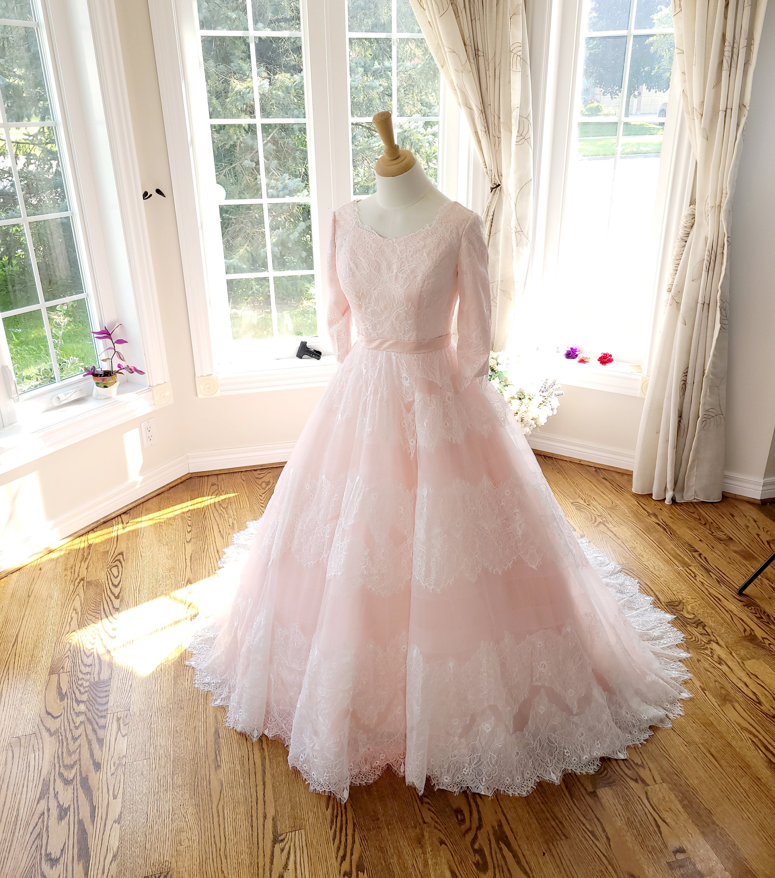 Blush pink lace wedding dress hotsell