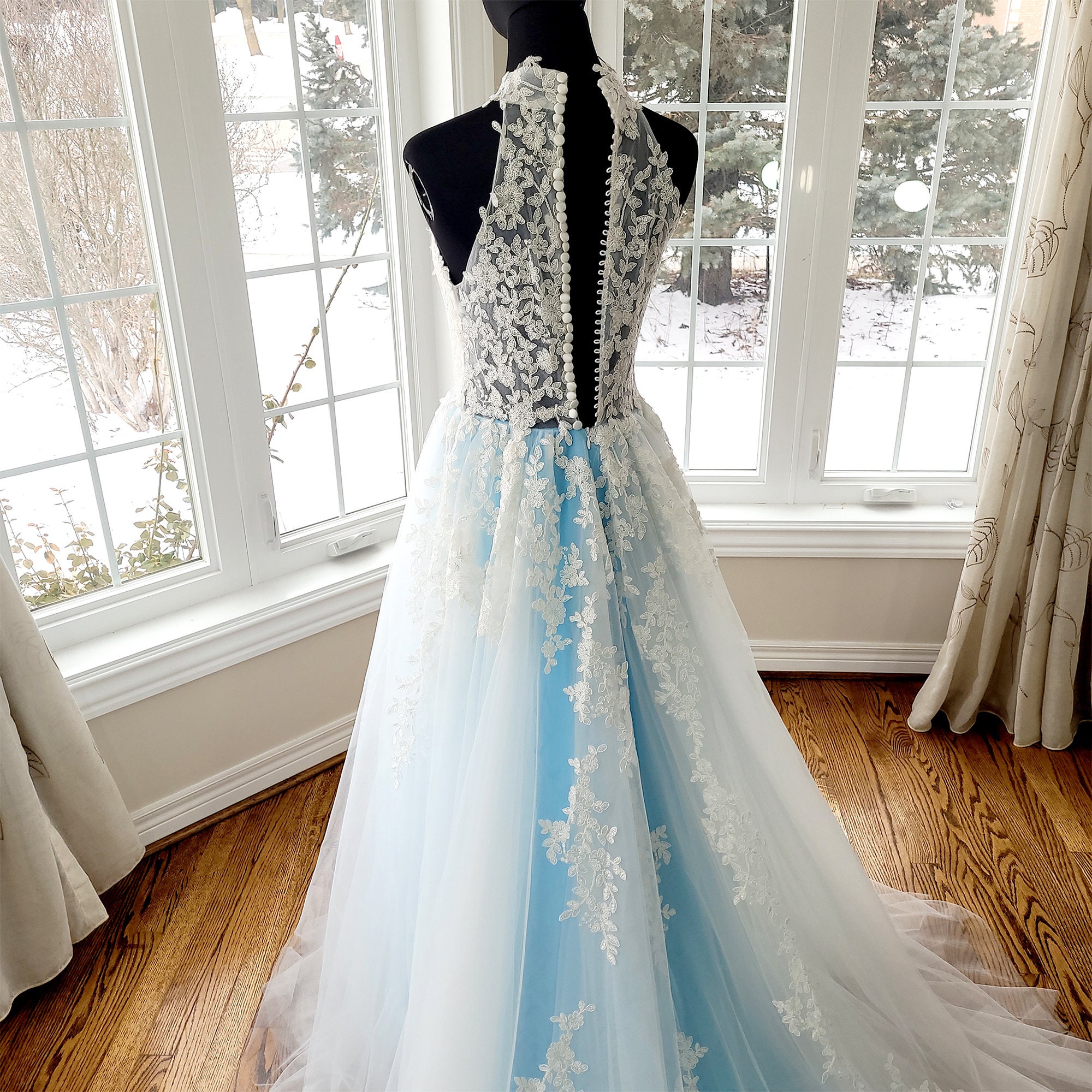 Blue Wedding Dress, A Line Wedding Gown, Lace Bridal Dress, Lace Floral Sleeve Less Wedding Dress, Button Back Wedding Dress, Blue Gown