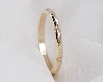 Celestial Diamond Ring Band: 9ct or 18ct Yellow Gold Star Wedding Ring