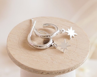 Silver Star Drop Huggie Earrings, Silver Huggie Earrings, Huggie Hoop Earrings, Sterling Silver Huggie Earrings, Star Engraved Hoop Earrings