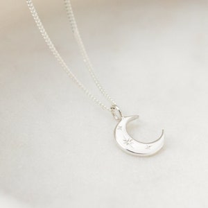 Crescent Moon Necklace, Silver Moon Necklace, Moon and Star Necklace, Half Moon Pendant, Engraved Moon Pendant, Celestial Necklace, Star