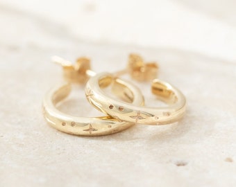 Solid Gold Engraved Hoop Earrings, Gold Hoop Earrings, Huggie Hoop Earrings, 9ct Gold Star Earrings, Star Engraved Hoops, Huggie Hoops