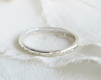 9ct or 18ct White Gold Star Engraved Ring: Celestial Wedding Band