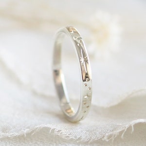 9ct Gold Star Engraved Ring, Celestial Gold Ring, Starry Ring Band, Alternative Wedding Ring, Unique Wedding Ring, White Gold Wedding Band image 1