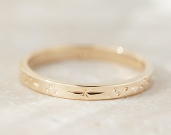 Hand Engraved 9ct or 18ct Gold Star Ring: Celestial Wedding Band