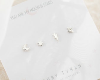 Tiny Stud Earrings, Celestial Stud Earrings, Moon and Star Earrings, Bolt Studs, Lightning Bolt Earrings, Star Earring Set, Celestial Studs