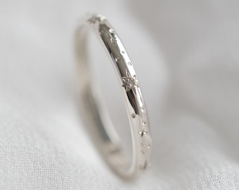 Celestial Diamond Ring Band: Engraved Star 9ct or 18ct White Gold Wedding Ring