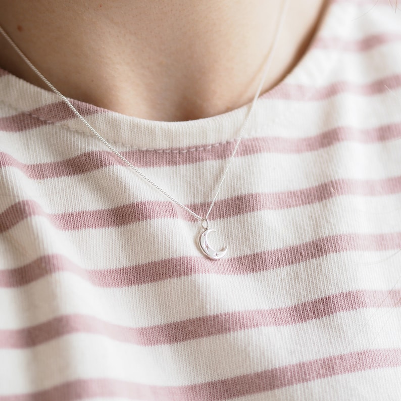 Crescent Moon Necklace, Silver Moon Necklace, Moon and Star Necklace, Half Moon Pendant, Engraved Moon Pendant, Celestial Necklace, Star image 4