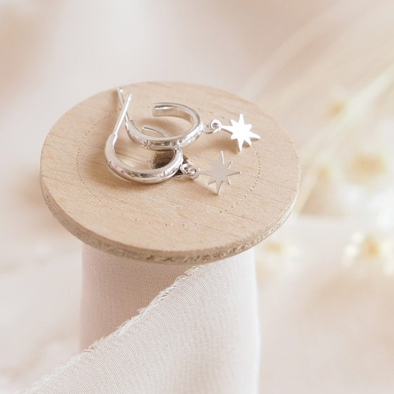 Silver Star Drop Huggie Earrings, Silver Huggie Earrings, Huggie Hoop Earrings, Sterling Silver Huggie Earrings, Star Engraved Hoop Earrings