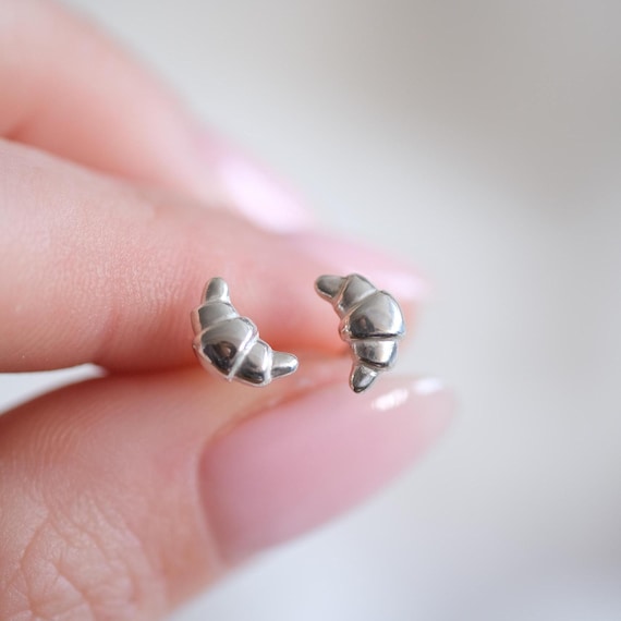 Tiny Croissant Stud Earrings in Sterling Silver, Croissant Earrings,  Croissant Stud Earrings, Croissant Jewellery, Silver Croissant Studs