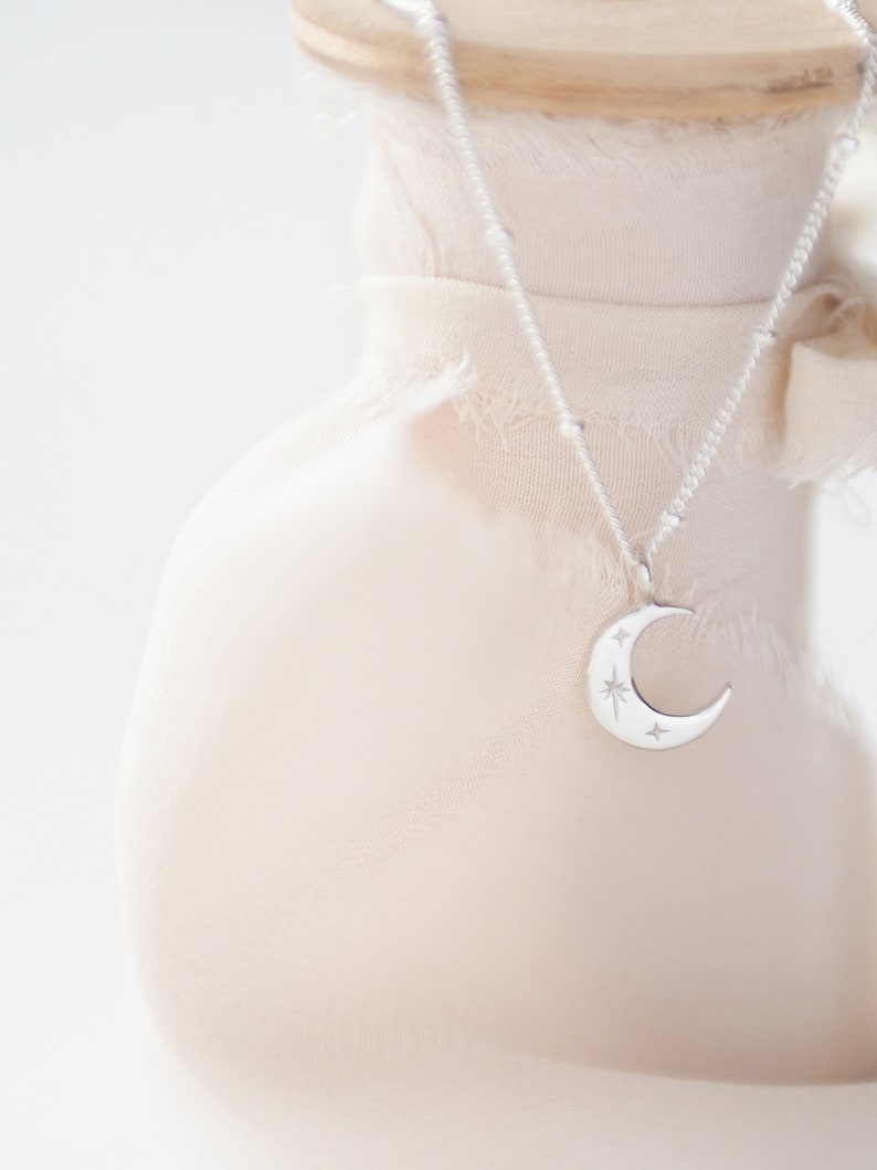 Crescent Moon Necklace, Silver Moon Necklace, Moon and Star Necklace, Half Moon Pendant, Engraved Moon Pendant, Celestial Necklace, Star image 6