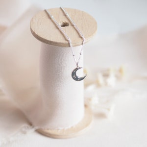 Crescent Moon Necklace, Silver Moon Necklace, Moon and Star Necklace, Half Moon Pendant, Engraved Moon Pendant, Celestial Necklace, Star image 3