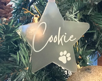 Personalised pet Christmas bauble, star frosted, glitter