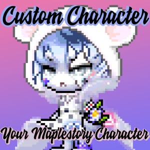 Op de afbeelding: Pixelachtige karakterillustratie met een witte outfit met capuchon en blauw haar. Het personage houdt een bloemenboeket vast. Tekst luidt "Custom Character" en "Your Maplestory Character" op een verloopachtergrond.