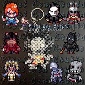 May include: A collection of pixel art keychains featuring characters from popular horror movies. The keychains are made of colorful plastic beads and are attached to silver key rings. The keychains are displayed on a black background with the text "Pixel Cen Crafts" and "Pixels and Rainbows".