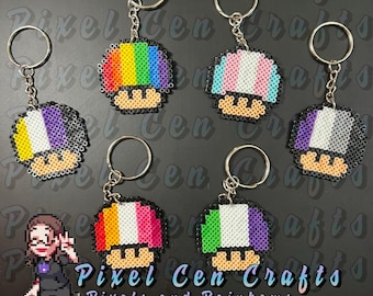 Queer Flag Mario Mushroom Perler Keychains, Magnets, Ornaments, Charms, Sprites