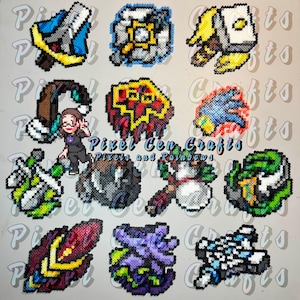 May include: A collection of 12 pixel art crafts, each depicting a different design. The crafts are made with colorful beads and feature various themes, including a blue and yellow spaceship, a red and yellow dragon, and a green and white tree. The crafts are arranged in a grid pattern on a white background.