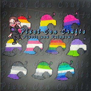 May include: A collection of colorful pixel art designs, each resembling a stylized leaf, featuring various pride flag patterns. The image includes the text "Pixel Cen Crafts" and "Pixels and Rainbows".