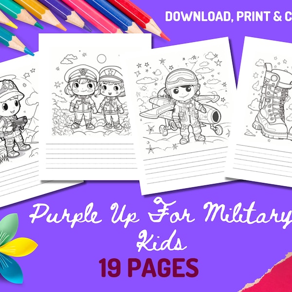 Purple Up For Military Kids Coloring Pages, Digital Download, 19 Fun Coloring Pages in PDF, Military Child, Army, Navy, Airforce Chibi