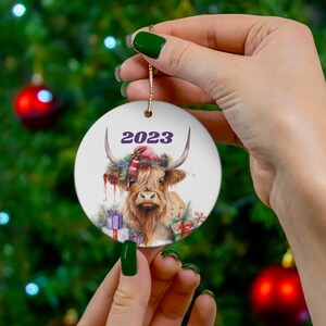 2023 Highland Cow Ornament, Holiday Gift, Cute Cow Christmas Tree,  Xmas Highland Cow Art, Ceramic Ornament, Farmhouse Christmas
