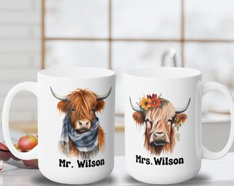 Personalized Highland Cow Mug, Cow Gift, His Hers Highland Cow, Couple Anniversary Gift, Cow Lovers, Cottagecore, Gift for the Holidays